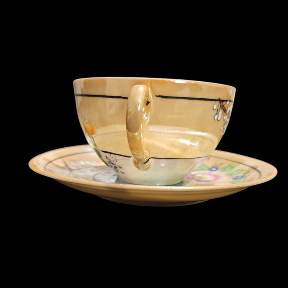 Vintage Made in Japan Peach Lustre Floral Teacup & Saucer Set of 3 - Picture 4 of 7